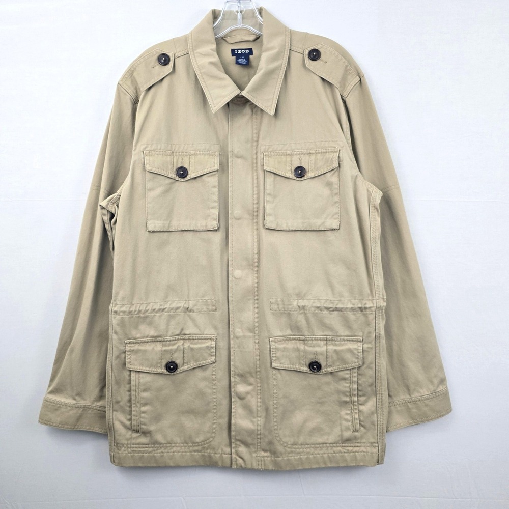 Izod Cargo Safari Drawstring Full Zipper Snap Collar Men Field Coat Khaki Large